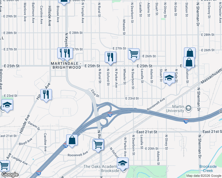 map of restaurants, bars, coffee shops, grocery stores, and more near 2345 North Oxford Street in Indianapolis