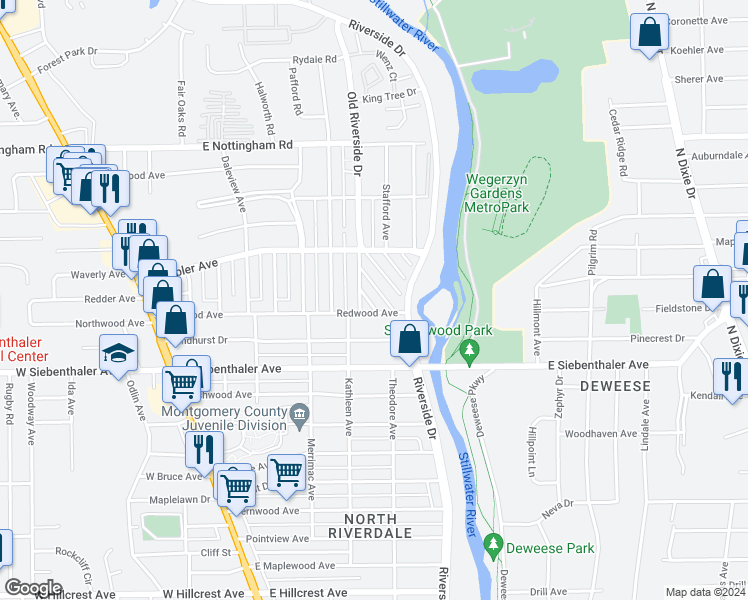 map of restaurants, bars, coffee shops, grocery stores, and more near 3812 Adair Avenue in Dayton