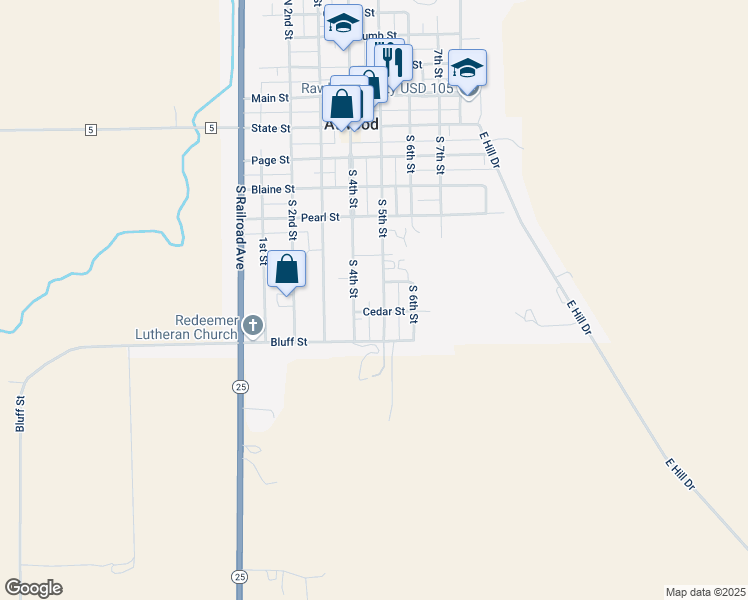 map of restaurants, bars, coffee shops, grocery stores, and more near 695-799 South 4th Street in Atwood