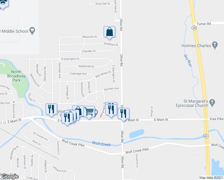 map of restaurants, bars, coffee shops, grocery stores, and more near 217 East Eppington Drive in Dayton