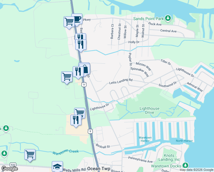 map of restaurants, bars, coffee shops, grocery stores, and more near 10 Letts Landing Road in Ocean Township