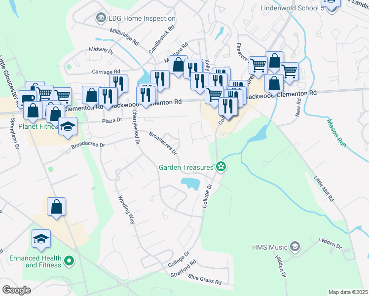 map of restaurants, bars, coffee shops, grocery stores, and more near 905 Huntingdon Mews in Clementon