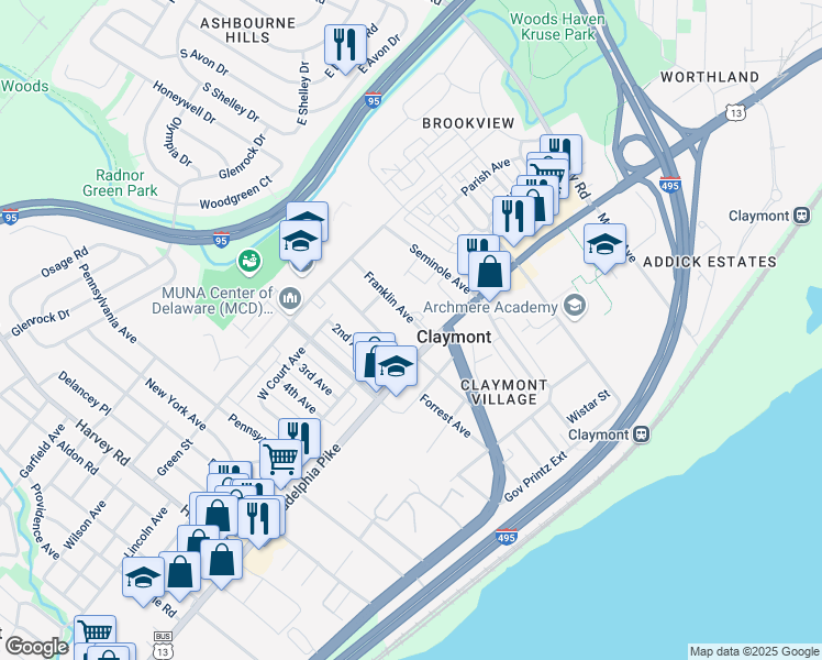 map of restaurants, bars, coffee shops, grocery stores, and more near 11 Franklin Avenue in Claymont
