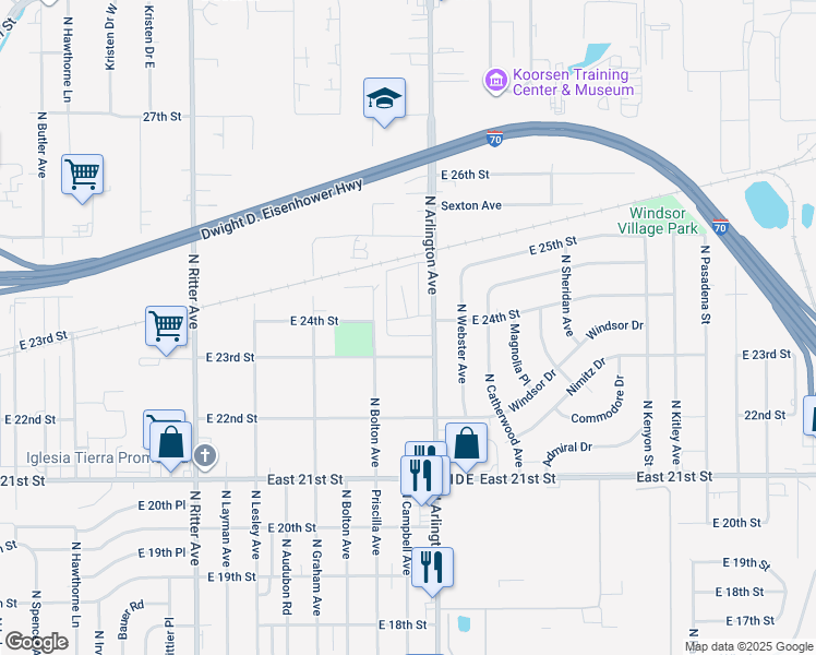 map of restaurants, bars, coffee shops, grocery stores, and more near 5941 East 24th Street in Indianapolis