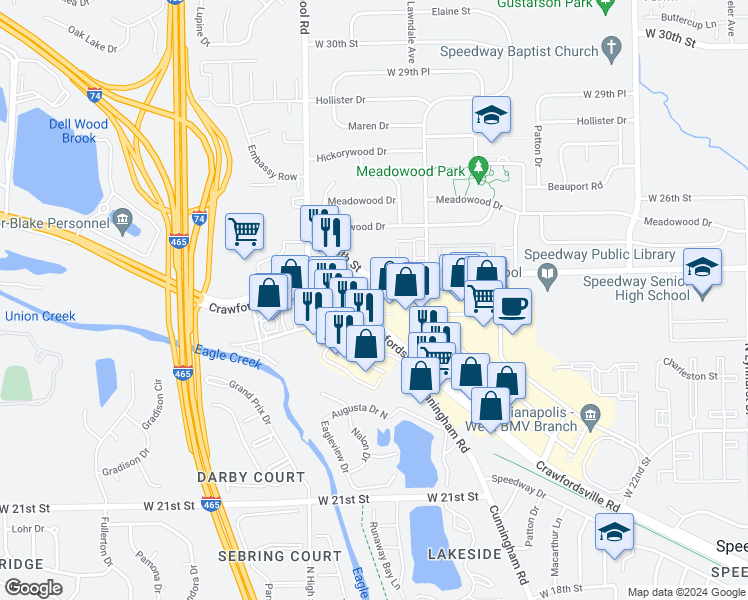 map of restaurants, bars, coffee shops, grocery stores, and more near 6118 Crawfordsville Road in Speedway