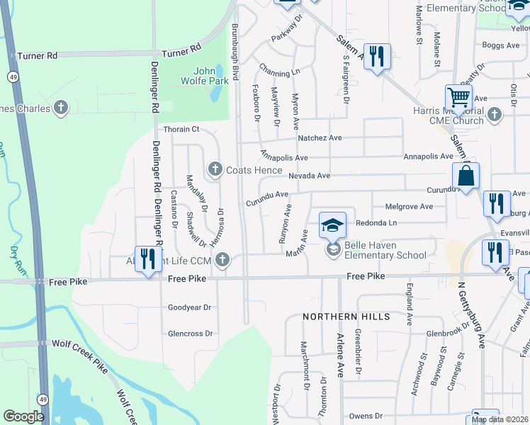 map of restaurants, bars, coffee shops, grocery stores, and more near 4607 Cove Court in Dayton