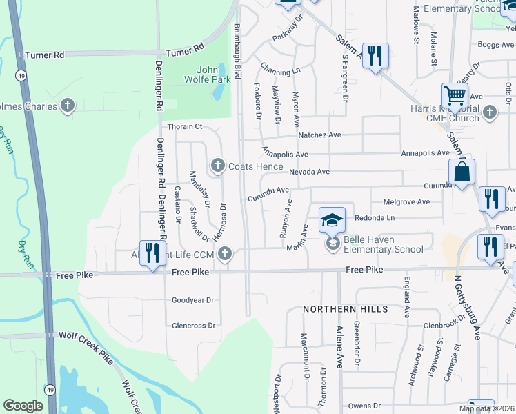 map of restaurants, bars, coffee shops, grocery stores, and more near 4607 Cove Court in Dayton