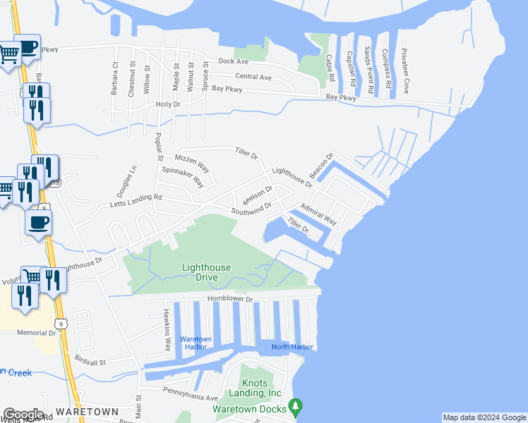 map of restaurants, bars, coffee shops, grocery stores, and more near 38 Southwind Drive in Ocean Township