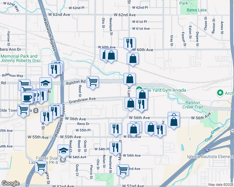 map of restaurants, bars, coffee shops, grocery stores, and more near 6505 Grandview Ave in Arvada
