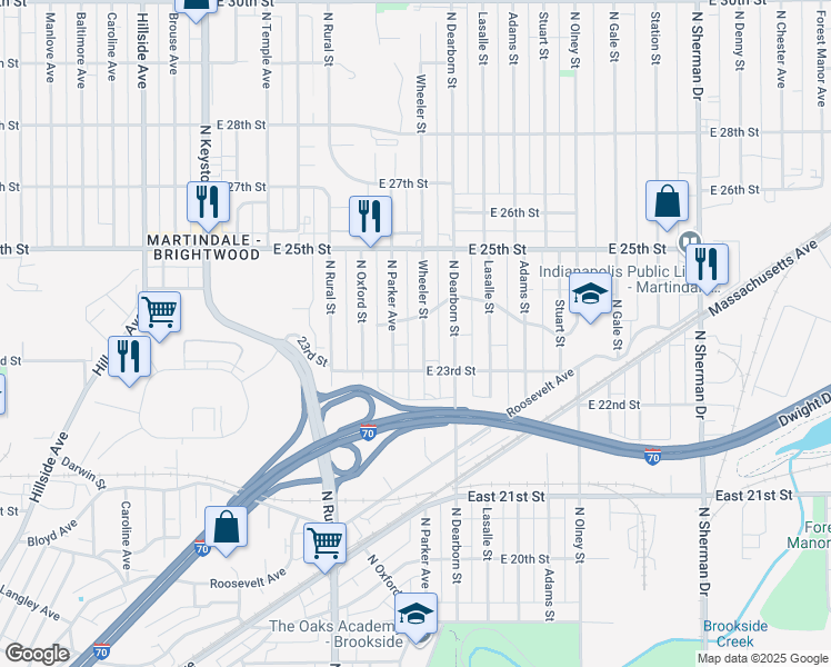 map of restaurants, bars, coffee shops, grocery stores, and more near 2338 Wheeler Street in Indianapolis