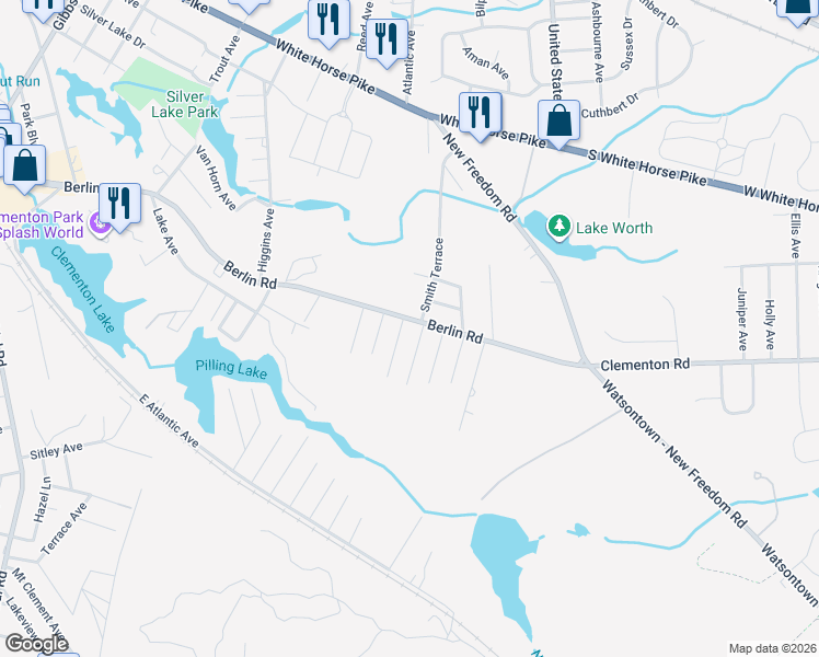 map of restaurants, bars, coffee shops, grocery stores, and more near 544 Berlin Road in Clementon
