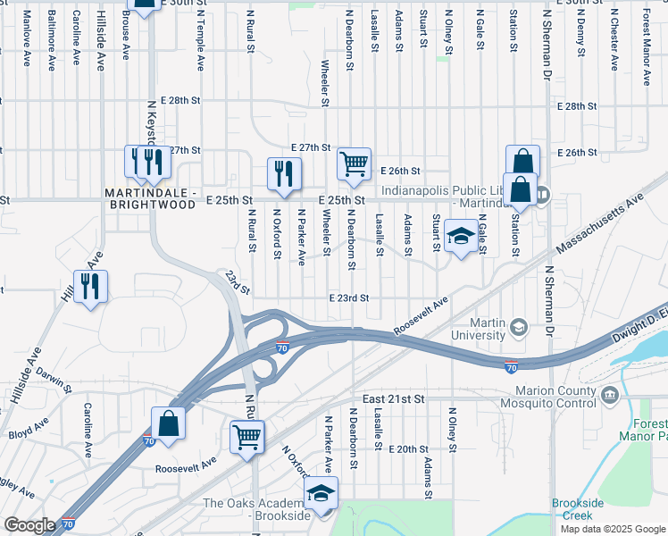map of restaurants, bars, coffee shops, grocery stores, and more near 2338 Wheeler Street in Indianapolis