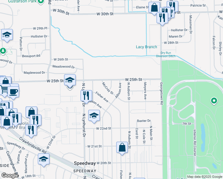 map of restaurants, bars, coffee shops, grocery stores, and more near 5104 McCray Street in Speedway