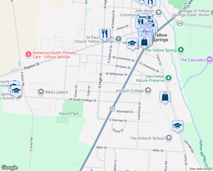 map of restaurants, bars, coffee shops, grocery stores, and more near 136 West North College Street in Yellow Springs