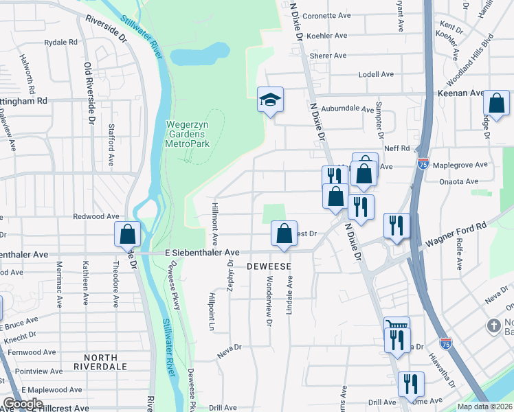 map of restaurants, bars, coffee shops, grocery stores, and more near 3710 Ridge Avenue in Dayton