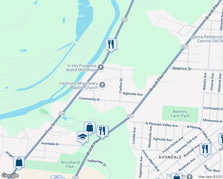 map of restaurants, bars, coffee shops, grocery stores, and more near 149 Ingleside Avenue in Dayton
