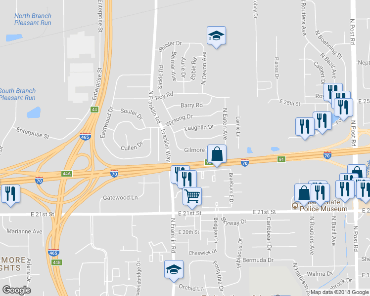 map of restaurants, bars, coffee shops, grocery stores, and more near 2322 Sickle Road in Indianapolis