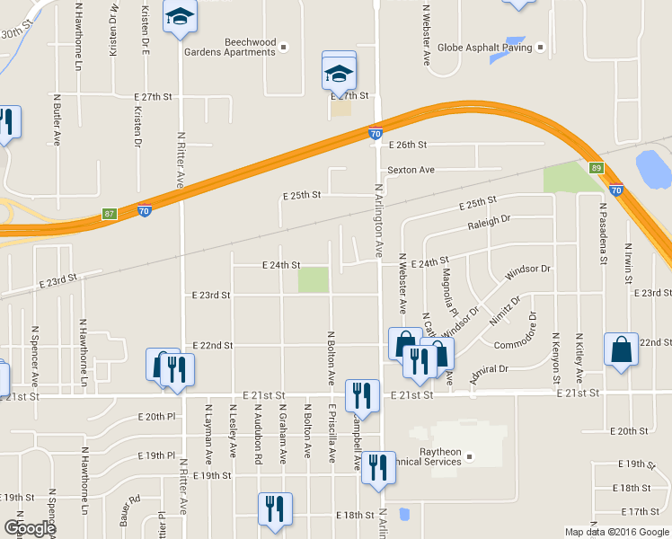 map of restaurants, bars, coffee shops, grocery stores, and more near 2419 North Bolton Avenue in Indianapolis
