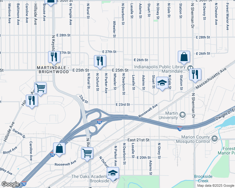 map of restaurants, bars, coffee shops, grocery stores, and more near 2338 Wheeler Street in Indianapolis