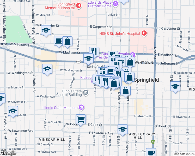 map of restaurants, bars, coffee shops, grocery stores, and more near 125 East Adams Street in Springfield