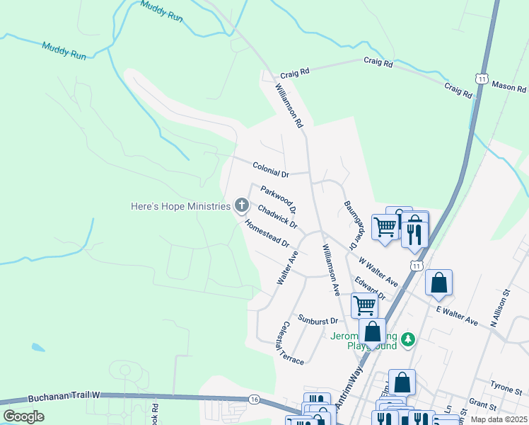 map of restaurants, bars, coffee shops, grocery stores, and more near 68 Chadwick Drive in Greencastle