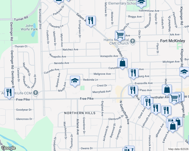 map of restaurants, bars, coffee shops, grocery stores, and more near 4224 Melgrove Ave in Dayton