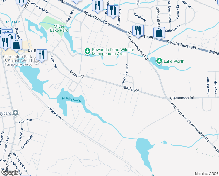 map of restaurants, bars, coffee shops, grocery stores, and more near 15 Jerome Terrace in Clementon