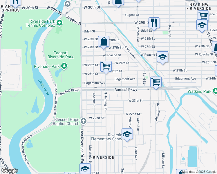 map of restaurants, bars, coffee shops, grocery stores, and more near 1350 Burdsal Parkway in Indianapolis