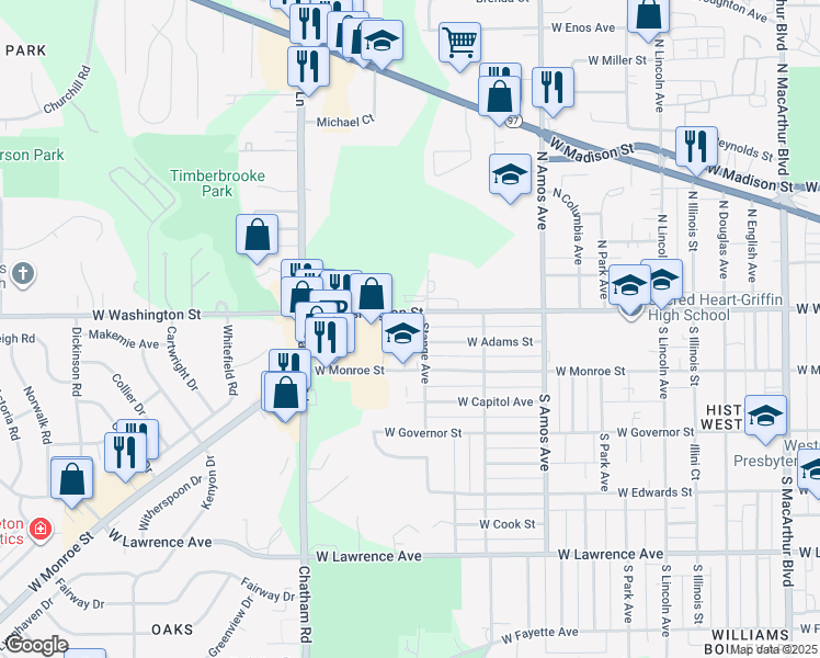 map of restaurants, bars, coffee shops, grocery stores, and more near 1700 West Washington Street in Springfield