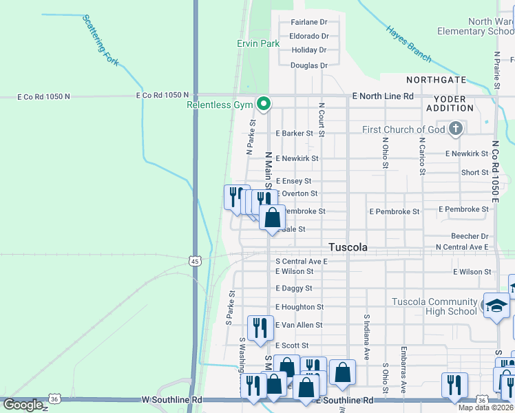 map of restaurants, bars, coffee shops, grocery stores, and more near 108 West Pembroke Street in Tuscola