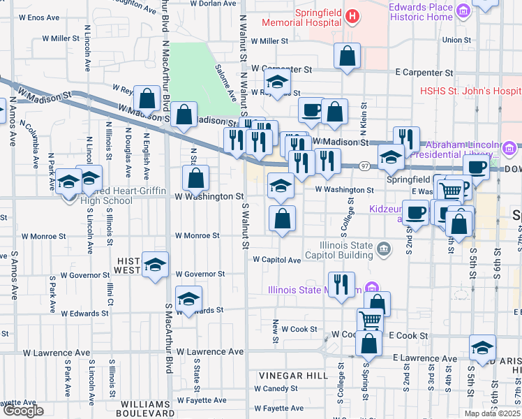 map of restaurants, bars, coffee shops, grocery stores, and more near 26 Walnut Street Court in Springfield