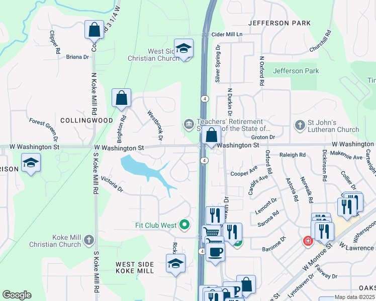 map of restaurants, bars, coffee shops, grocery stores, and more near 17 Redwood Lane in Springfield