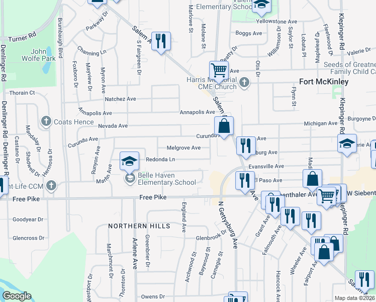 map of restaurants, bars, coffee shops, grocery stores, and more near 4126 Melgrove Avenue in Dayton