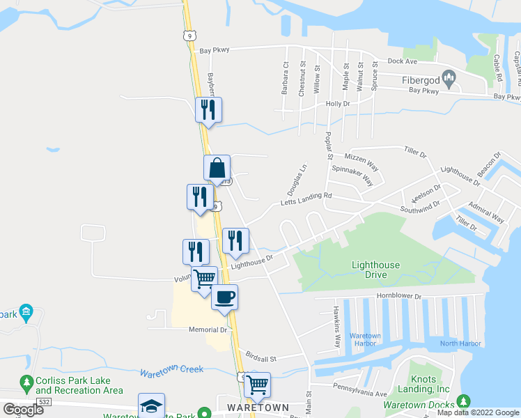 map of restaurants, bars, coffee shops, grocery stores, and more near 10 Letts Landing Road in Ocean Township