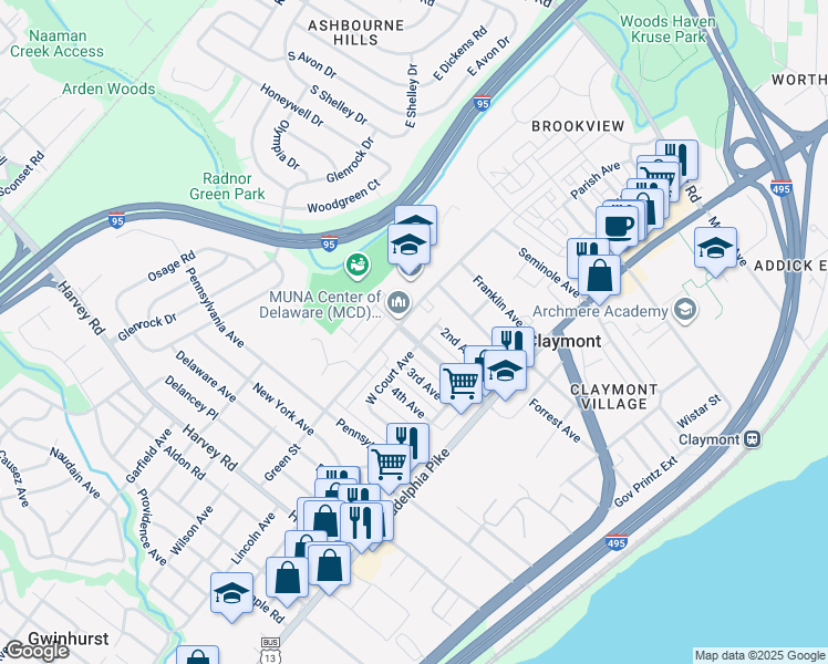 map of restaurants, bars, coffee shops, grocery stores, and more near 203 Commonwealth Avenue in Claymont