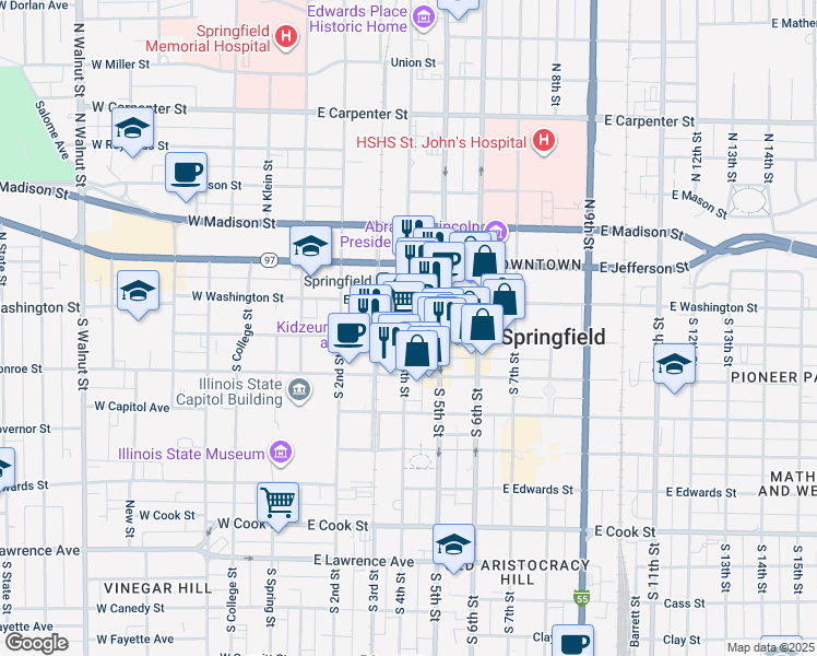 map of restaurants, bars, coffee shops, grocery stores, and more near 122 South 4th Street in Springfield