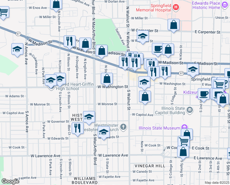 map of restaurants, bars, coffee shops, grocery stores, and more near 123 South Glenwood Avenue in Springfield