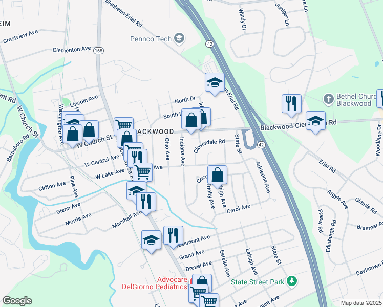 map of restaurants, bars, coffee shops, grocery stores, and more near 7 Cloverdale Road in Camden County