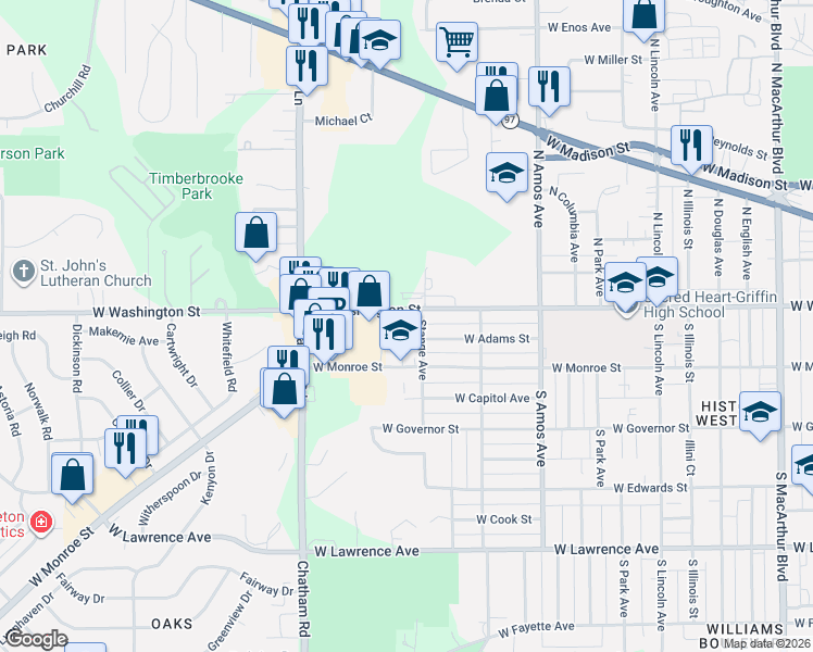 map of restaurants, bars, coffee shops, grocery stores, and more near 1700 West Washington Street in Springfield