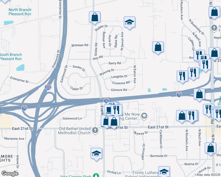 map of restaurants, bars, coffee shops, grocery stores, and more near 2322 Sickle Road in Indianapolis