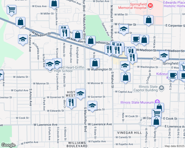 map of restaurants, bars, coffee shops, grocery stores, and more near 109 South State Street in Springfield