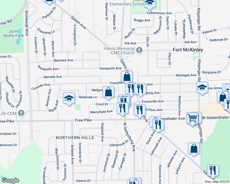 map of restaurants, bars, coffee shops, grocery stores, and more near 4052 Melgrove Avenue in Dayton