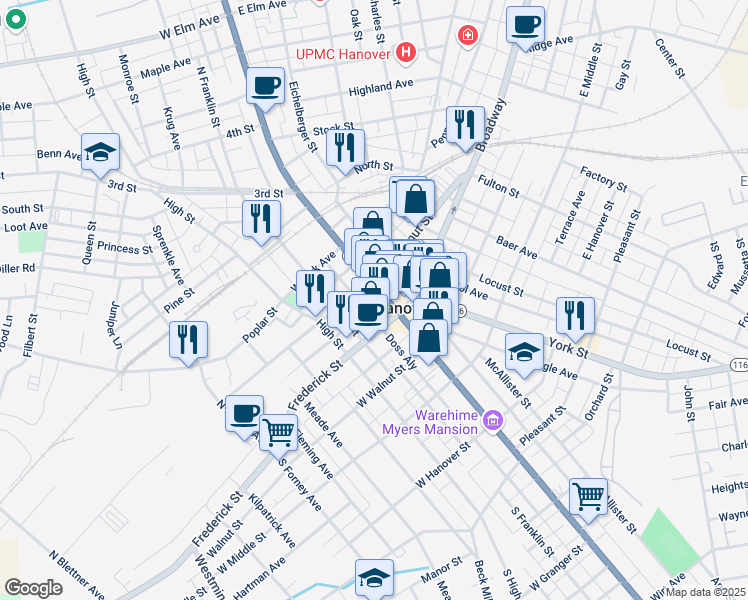map of restaurants, bars, coffee shops, grocery stores, and more near 22 Carlisle Street in Hanover