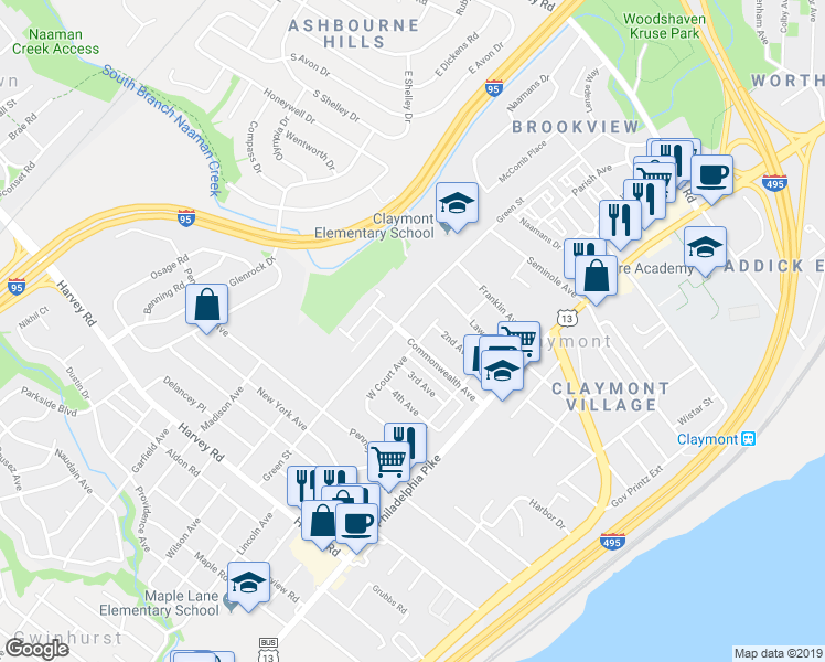 map of restaurants, bars, coffee shops, grocery stores, and more near 203 Commonwealth Avenue in Claymont