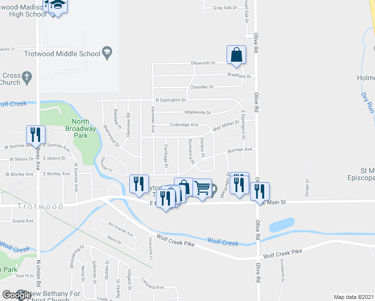 map of restaurants, bars, coffee shops, grocery stores, and more near 315 Huntsford Place in Trotwood