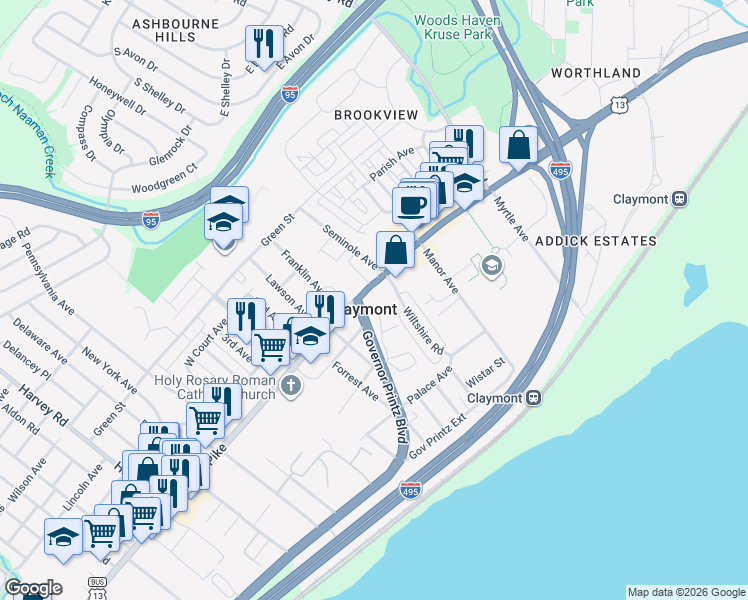 map of restaurants, bars, coffee shops, grocery stores, and more near 3402 Philadelphia Pike in Claymont