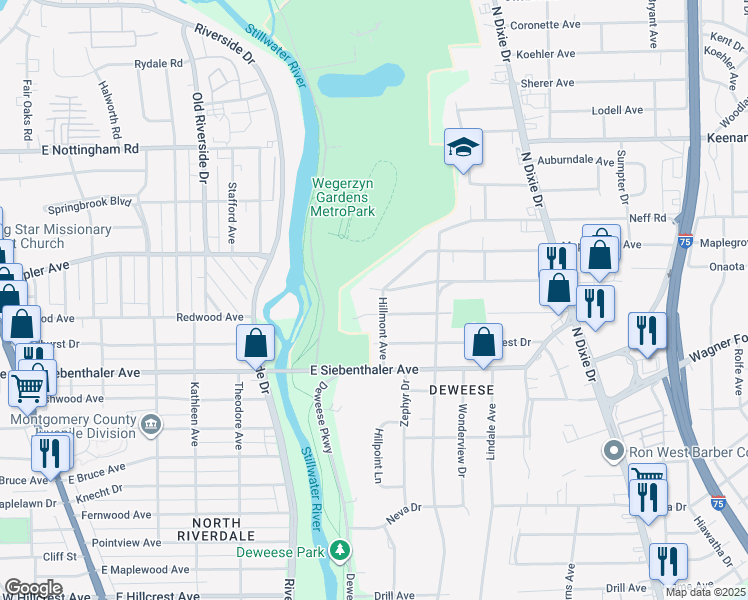 map of restaurants, bars, coffee shops, grocery stores, and more near 3711 Hillmont Avenue in Dayton