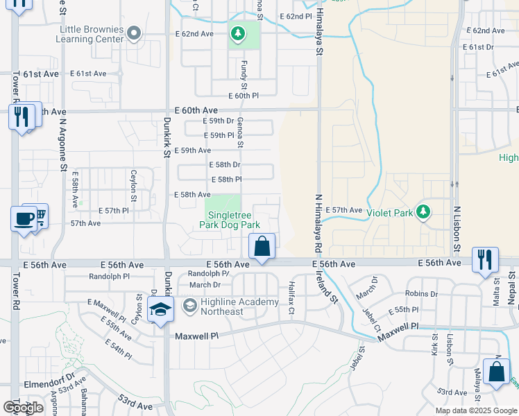 map of restaurants, bars, coffee shops, grocery stores, and more near 5756 North Genoa Way in Aurora