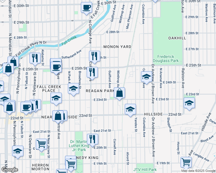 map of restaurants, bars, coffee shops, grocery stores, and more near 2350 Guilford Avenue in Indianapolis