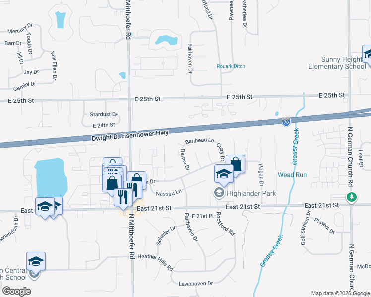 map of restaurants, bars, coffee shops, grocery stores, and more near 2313 Bernie Drive in Indianapolis